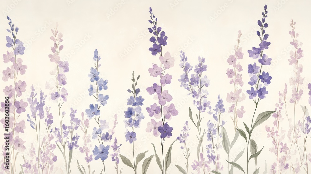 Naklejka premium a modern and sophisticated larkspur pattern design with meticulously illustrated flowers and slender leaves, symmetrically arranged in a repeating botanical motif, soft lilac and dusty blue tones