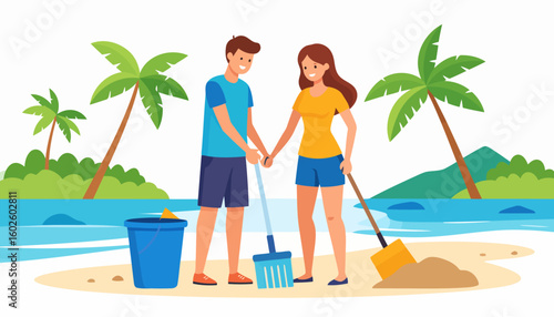 Happy young couple holding hands while cleaning a sandy beach with a rake and shovel.