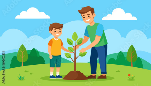 Happy cartoon father and son planting a young green sapling together. A man and a boy bonding while gardening outdoors.