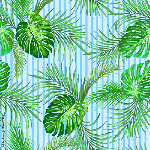 Green tropical palm leaves seamless vector pattern on the black background. Trendy summer print.	
