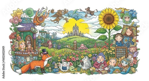 Whimsical illustration depicts fantasy landscape with children and animals