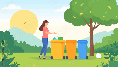 Young woman with long brown hair sorting garbage into colorful wheeled recycling containers.