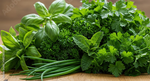 Assortment of fresh herbs on wood