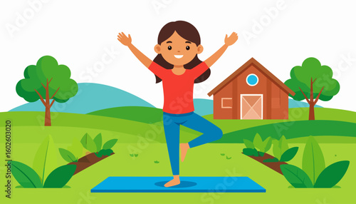 Happy young woman in a red shirt and blue pants practicing the yoga tree pose.