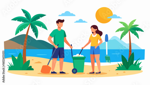 Young man and woman volunteers cleaning a sandy tropical beach with a wheeled trash bin.