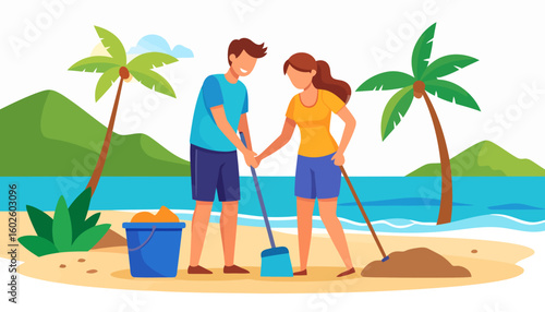 Young couple in casual summer clothes volunteering to clean a tropical sandy beach together.