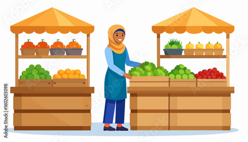 Smiling woman in a yellow hijab and blue apron arranging produce at a farmers market stall.