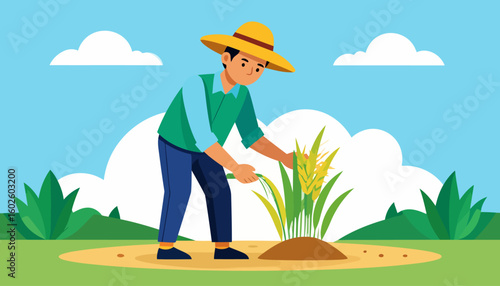 Young male farmer in a yellow straw hat harvesting ripe grain stalks. Flat vector illustration of a man working in a field.