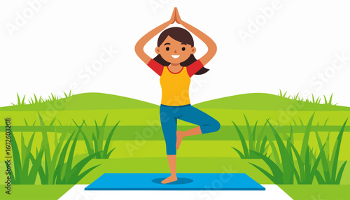 Smiling cartoon woman in colorful sportswear practicing the Tree Pose yoga balance on a blue mat.
