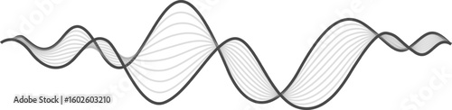 Multiple gray lines are creating a wavy pattern, flowing and forming harmonic curves, representing concepts like sound waves, frequency, music, or smooth and elegant design