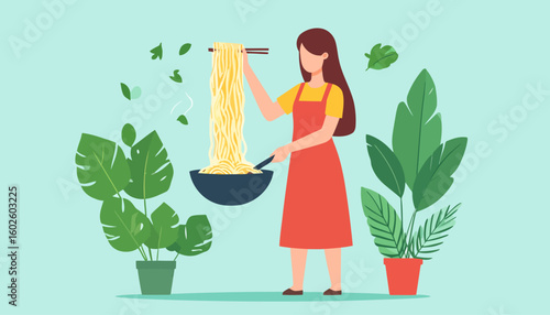A woman with long brown hair in a red apron cooking steaming noodles in a wok with chopsticks.