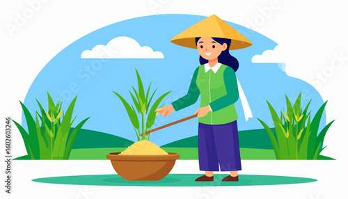 Smiling female farmer in a yellow conical hat and green shirt tending to a plant.