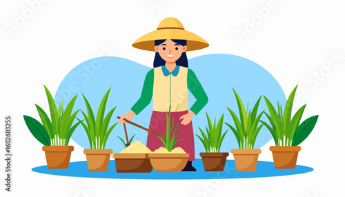 Smiling female gardener in a wide-brimmed hat potting green plants in terracotta pots.