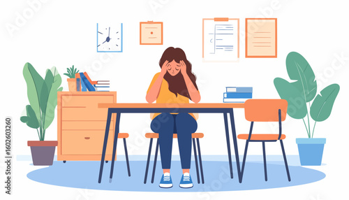 Stressed young woman with long brown hair in a yellow shirt, holding her head in her hands.