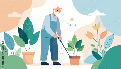 Smiling senior man with a white beard and blue overalls tending to his potted plants.