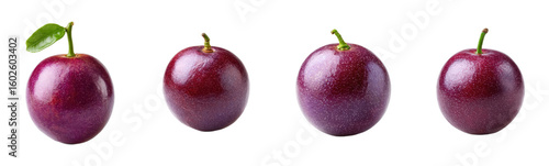 Maroon passion fruits on white, some with stems. Tropical fruit, fresh, healthy eating, food photography, close-up, still life, colorful, vitamins, plant-based diet.