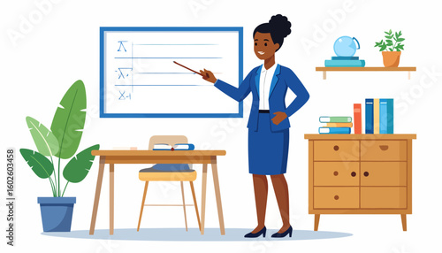 Smiling Black female teacher in a blue suit pointing at a whiteboard during a classroom lesson.