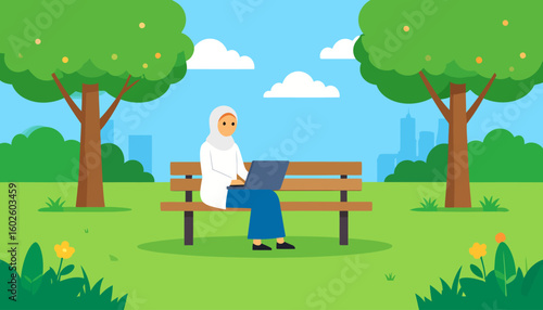 A woman in a white hijab and blue skirt working on a laptop while sitting on a park bench.