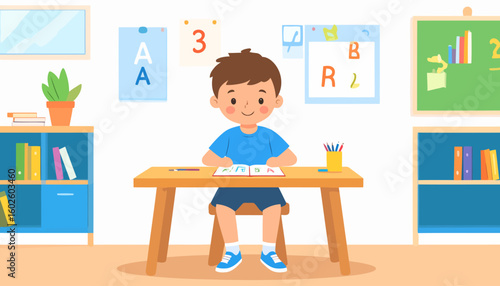 Cheerful cartoon boy with brown hair in a blue shirt, sitting at a desk and studying from an open book.