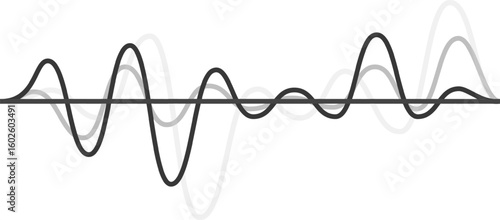 Multiple gray and black oscillating lines creating a complex wave pattern against a white background, symbolizing fluctuation, sound, and vibration in various contexts