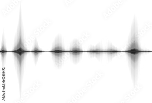 Black digital audio waveform fluctuating against a white background, visually representing the dynamic nature of sound and music, capturing the essence of rhythm and frequency