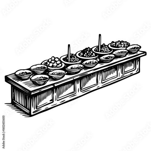 Tapas plates on bar counter showcase an array of appetizers and snacks, inviting culinary experience. Bar counter with tapas plates offers diverse selection of small dishes,