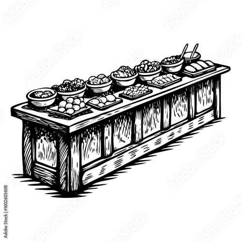 Bar counter with tapas plates showcases assortment of small dishes, carefully arranged for sharing and enjoyment. Tapas plates demonstrate culinary art,