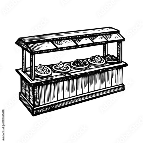Bar counter with tapas plates featuring a variety of delectable dishes ready to serve. Bar counter with tapas plates arrangement showcasing culinary artistry, offering diverse flavors and textures.