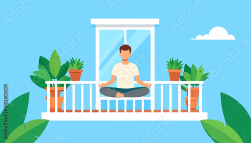 A calm man in a lotus pose meditating on a white balcony, surrounded by lush green potted plants.