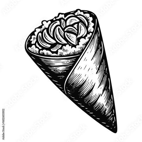 Hand-roll is a delicious and popular sushi dish, showcasing temaki in an artistic way. Temaki is presented as a tasty snack or meal, hand-roll filled with rice and fish, wrapped in seaweed.