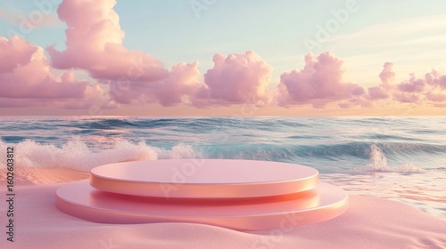 Summer background 3D product display platform scene with surfboard platform. Sky, cloud, summer background 3D render on the ocean display. Podium on sand beach cosmetic product display stand