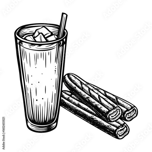 Refreshing horchata with fartons illustration showcases traditional Valencian drink with sweet pastry sticks. Horchata with fartons, a delightful combination of cool beverage and pastries,