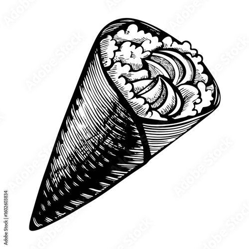 Delicious temaki hand roll, a Japanese seaweed cone filled with rice and seafood, sketched in artistic detail. This temaki hand roll drawing showcases texture and simplicity,