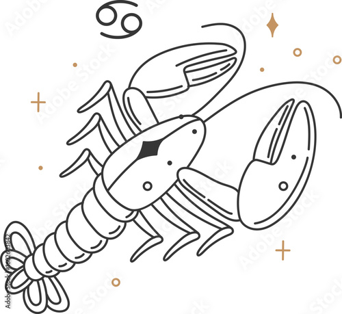Minimalist line art illustration featuring a lobster symbolizing the Cancer zodiac sign, surrounded by stars and crosses, representing astrology, horoscope, and celestial themes