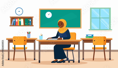 Smiling Muslim teacher in a yellow hijab and blue dress sitting at her classroom desk.