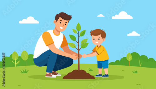 Cartoon father and son happily planting a small green sapling together outdoors.