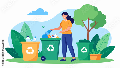 Young woman with dark hair in an orange shirt sorting plastic waste into green and yellow recycling bins outdoors.