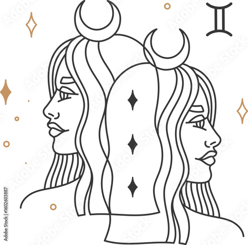 Minimalist line art illustration depicting the Gemini astrological sign with two female profiles facing opposite directions. Accented by crescent moons and stars. Embodying duality and communication
