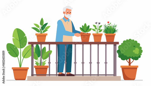 Flat vector illustration of a retired grandfather caring for his green houseplants in terracotta pots on a balcony.
