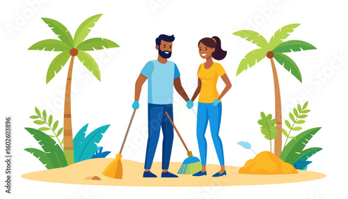 Happy diverse couple with brooms and gloves cleaning a tropical sandy beach.