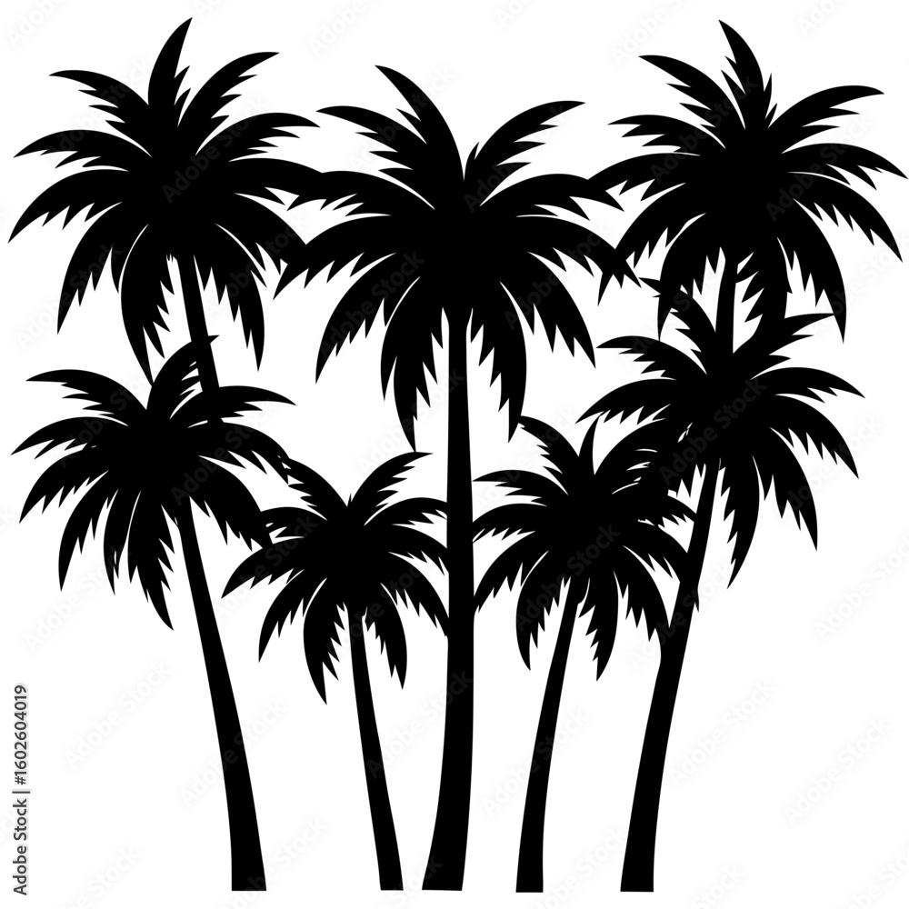 Fototapeta premium Group of seven palm trees black silhouette vector illustration