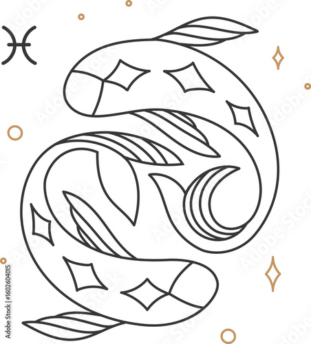 Pisces zodiac sign forming ying and yang symbol with decorative stars and moon crescents, black and white minimal line art with gold details representing astrology, spirituality, and balance