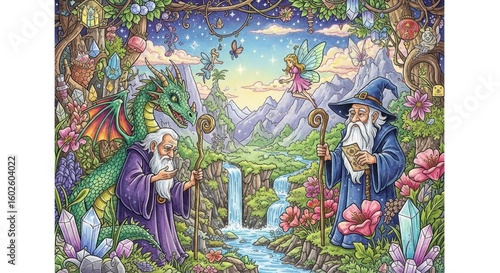 Wizard dragon waterfall fantasy landscape magical scene