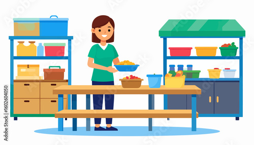 Smiling female volunteer in a green shirt serving food from a blue bowl in a well-stocked pantry with colorful containers.