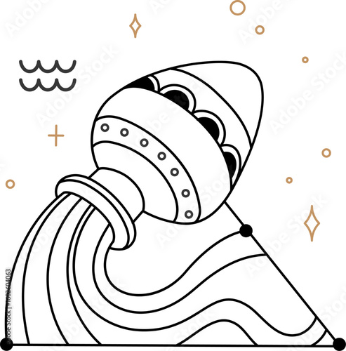 Aquarius zodiac sign pouring stylized water within a triangle, surrounded by golden stars and waves, creating a captivating astrology and horoscope outline illustration