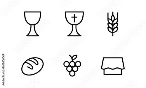 Simple communion symbols: wheat, bread, grapes, chalice, and altar in minimalist outline style