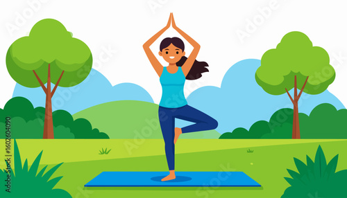 Happy woman with dark hair in a ponytail doing the yoga Tree Pose (Vrksasana) on a mat.
