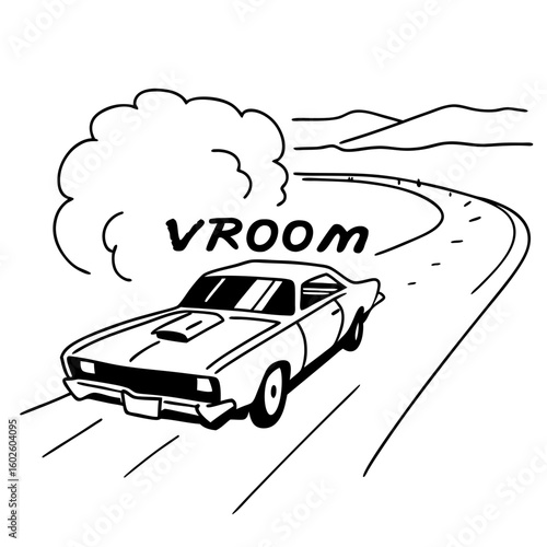 Classic car speeding on road with vroom sound silhouette vector illustration