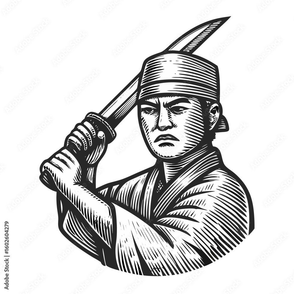 Obraz premium Sushi chef holding knife in focused engraving style with serious expression. Sushi chef in uniform poses with knife overhead, showcasing traditional culinary skill.