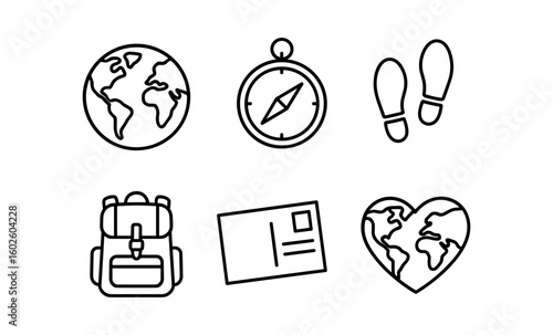 Adventure icons: travel, exploration, and navigation symbols in linear style